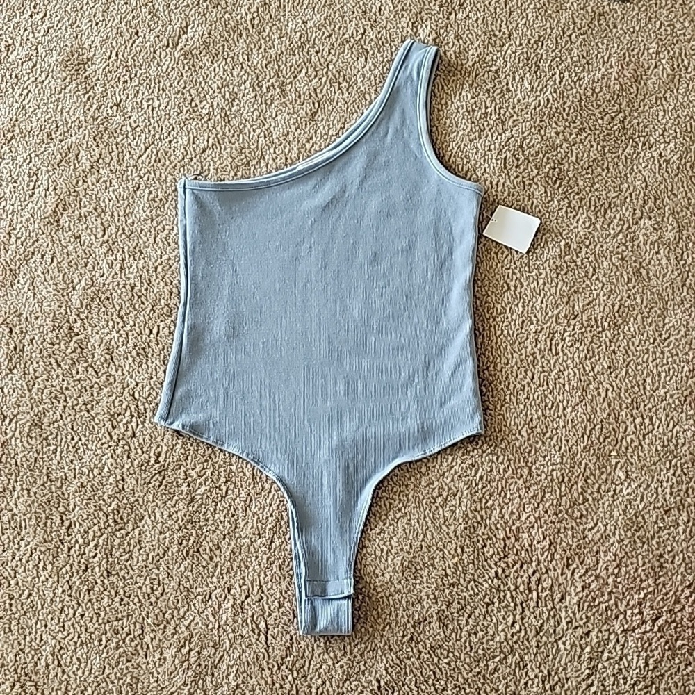 Charla One Shoulder Ribbed Thong Bodysuit Light Blue